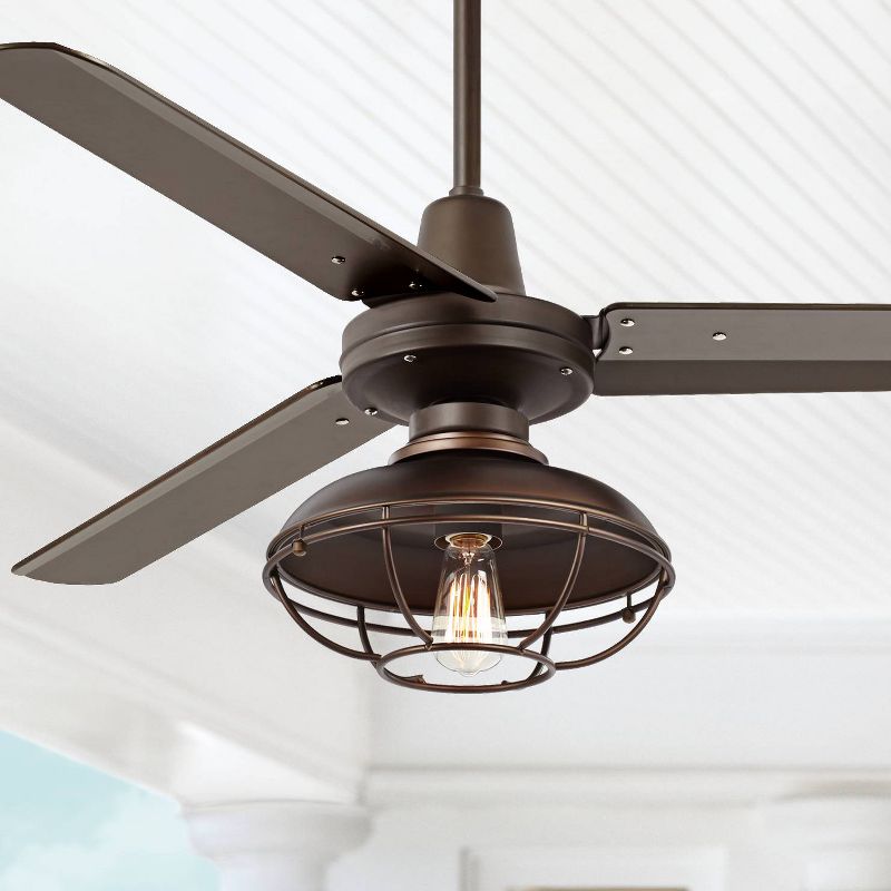 52" Casa Vieja Industrial Outdoor Ceiling Fan with Light LED Dimmable Remote Bronze Cage Damp Rated for Patio Porch