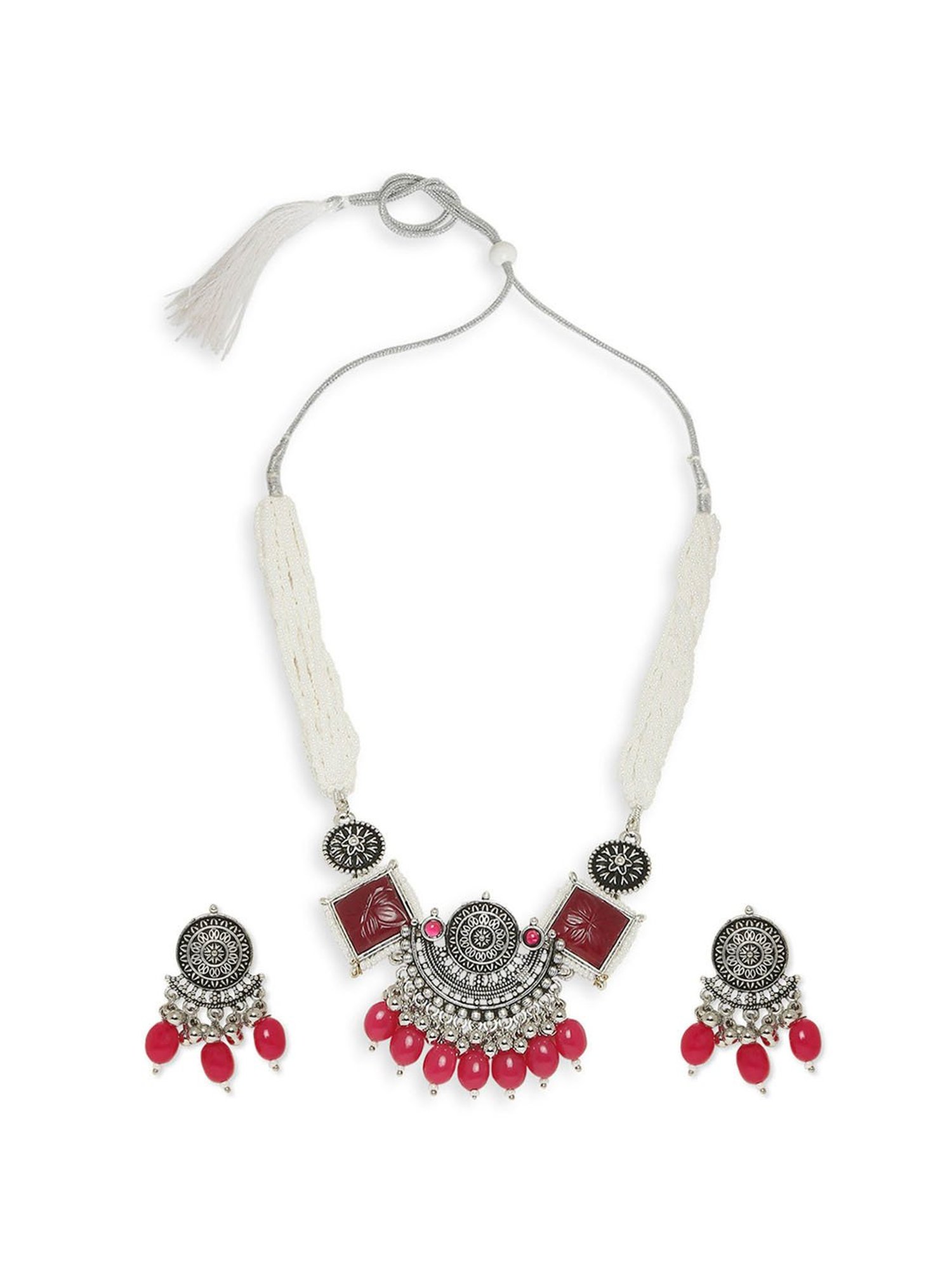 OOMPH Oxidized Silver Tone Maroon PinkJaipur Stone Choker Necklace Set with Drop Earrings
