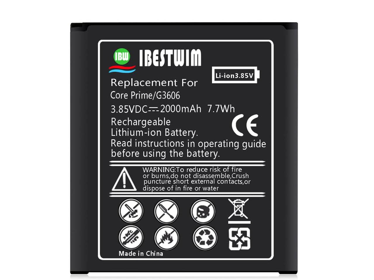 Galaxy Core Prime Battery IBESTWIN 2000mAh Li-ion Replacement Battery for Samsung Galaxy Core Prime SM-G360P, G360V Prevail, G3606, G3608, G3609 EB-BG360CBU, EB-BG360CBZ-3 Years Warranty