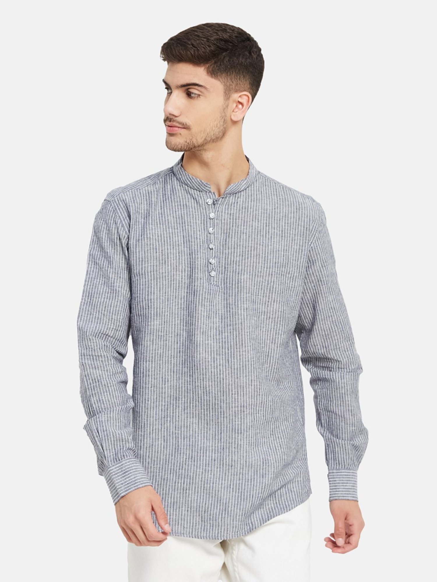 METTLE Grey Cotton Regular Fit Striped Shirt
