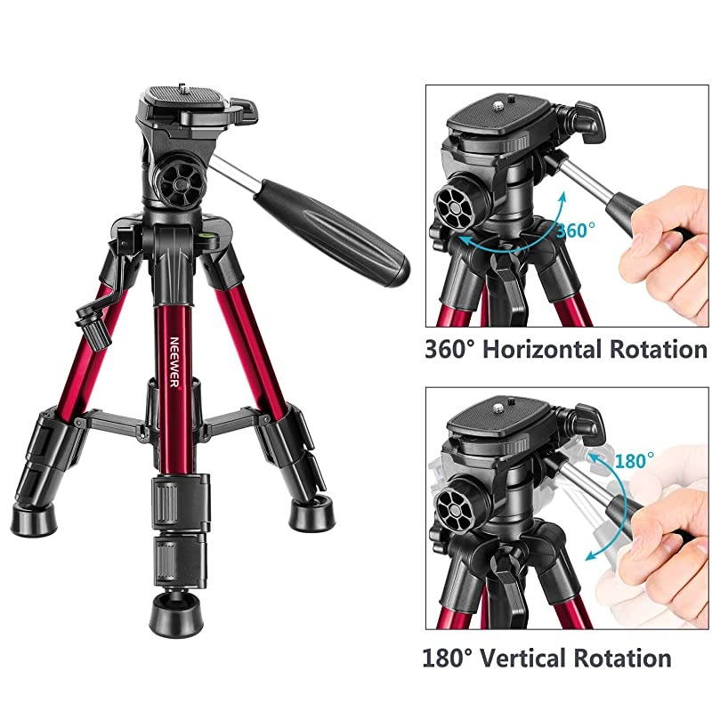 Mini Travel Tabletop Camera Tripod 24 inches/62 Centimeters, Portable Aluminum 3-Way Swivel Pan Head DSLR Camera,Smartphones,DV Video up to 6.6 pounds/3 Kilograms(T210 Red)