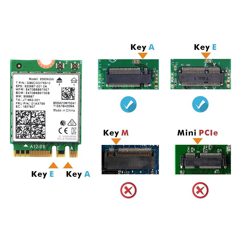 Wireless-AC Intel 9260 9260NGW Adapter For M.2 Key E NGFF Wifi Network Card 9260AC, Wi-Fi + Bluetooth 5.0, Up to 1730Mbps-5G, 300Mbps-2.4G, Dual Band, IEEE 802.11ac, MU-MIMO, Windows 10 for Laptop PC