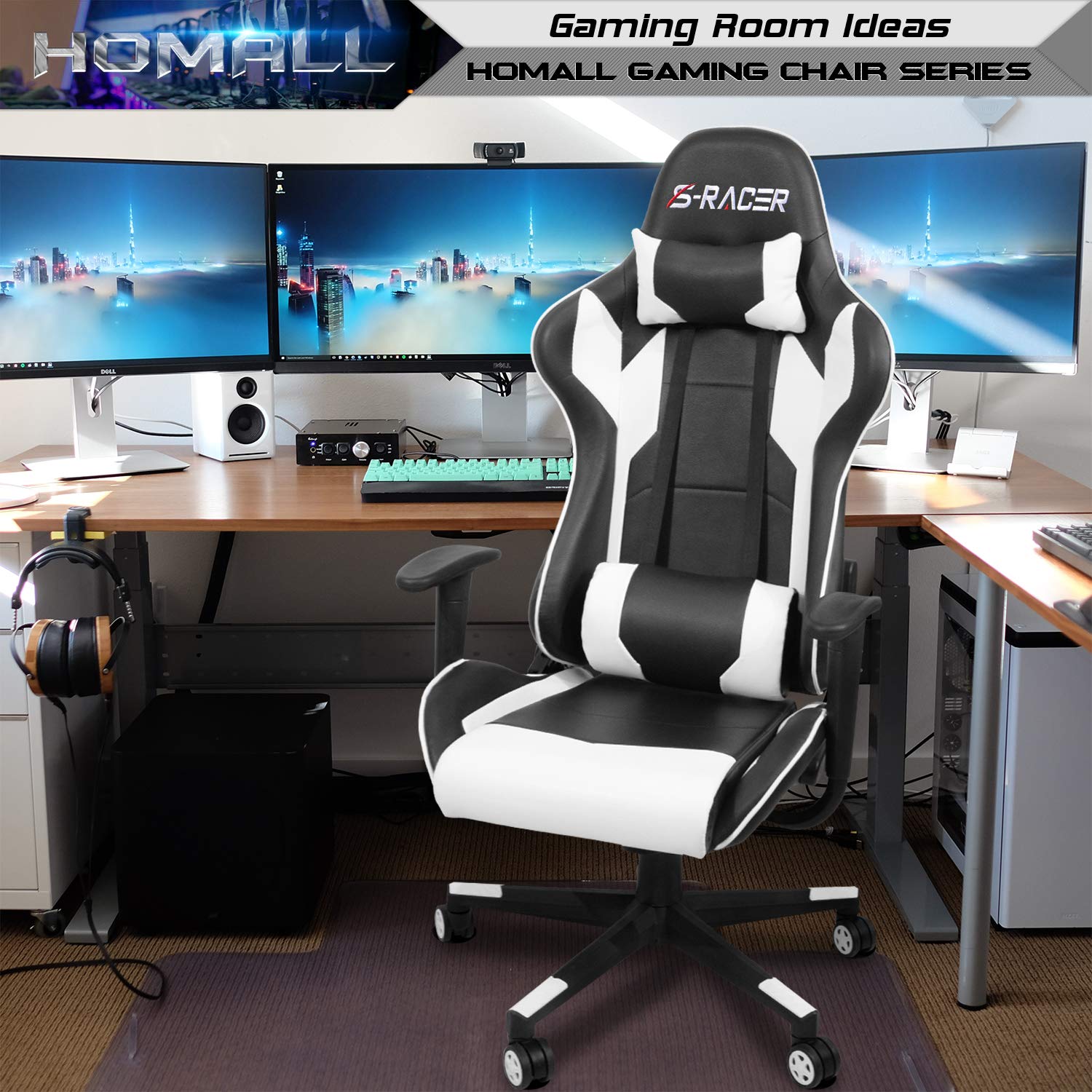 Homall Gaming Chair Office Chair High Back Computer Chair PU Leather Desk Chair Racing Executive Ergonomic Swivel Task Chair, Seat Height Adjustable, with Headrest and Lumbar Support (Blue)
