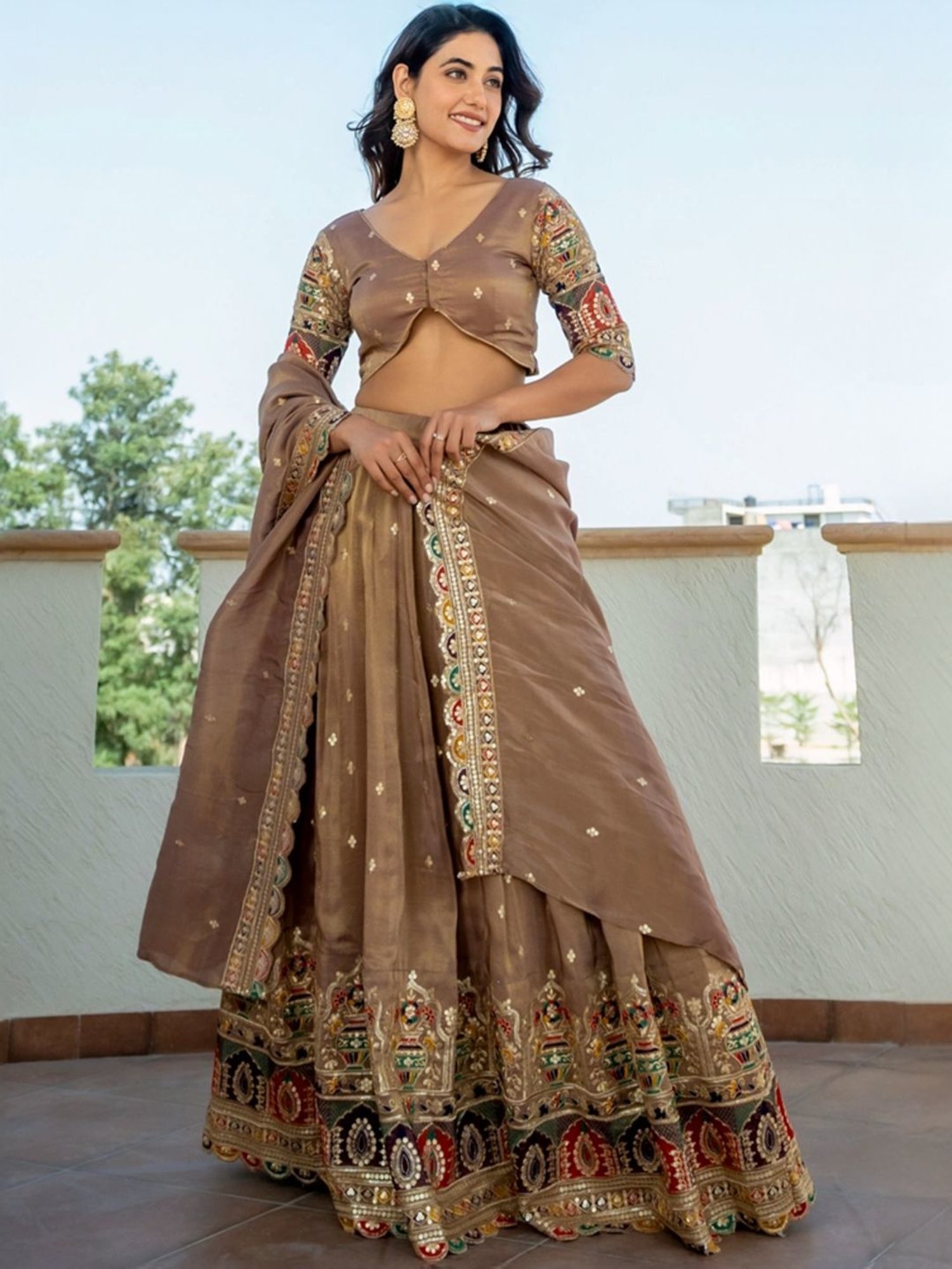 HOUSE OF JAMOTI Brown Embroidered Lehenga Choli Set With Dupatta