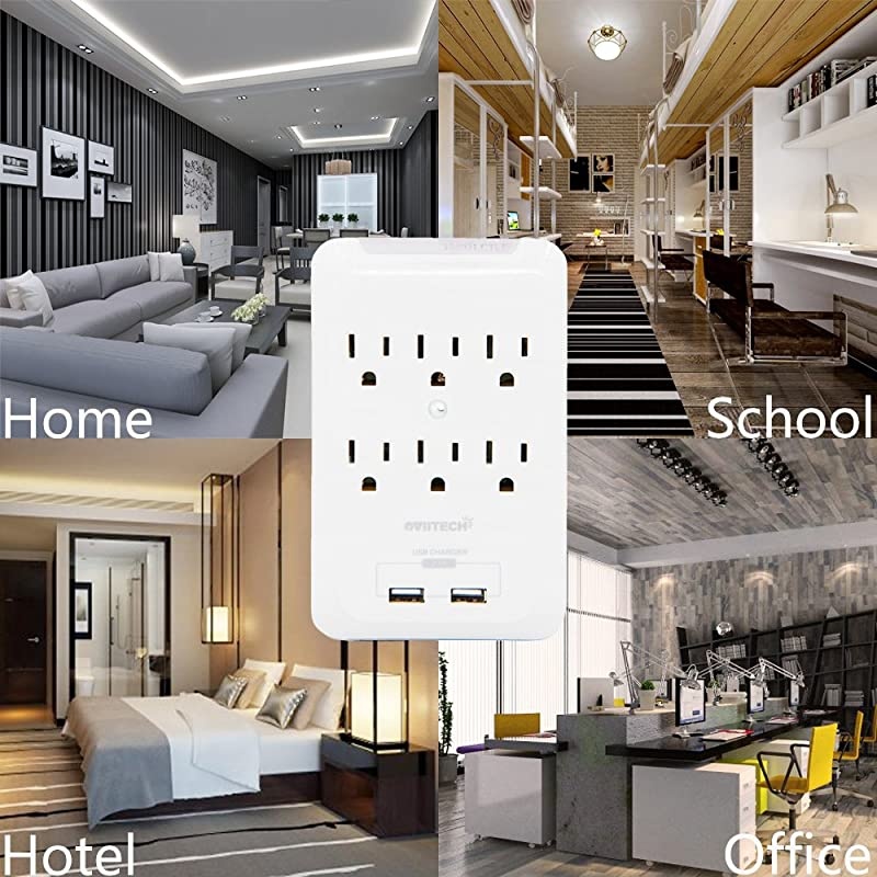 Multi-Function Wall Mount Outlet Adapter, Surge Protector Charging Station,  Dual 2.1AMP USB Charging Ports,6 AC Socket Outlet Splitter Plugs,White,ETL Certified
