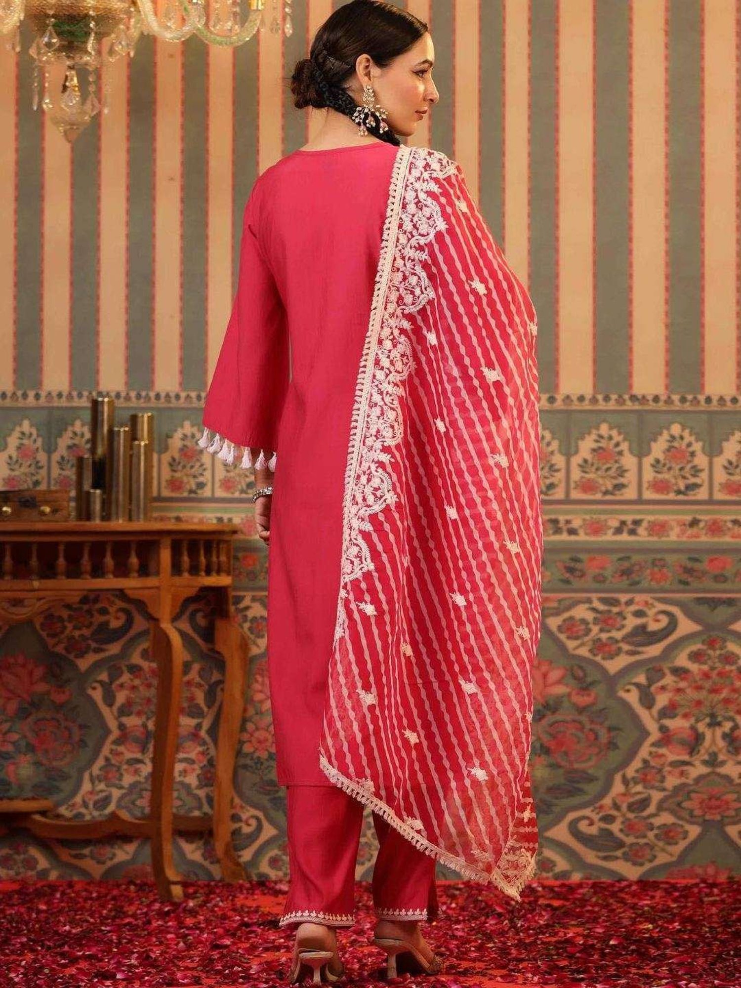 SCAKHI Pink Modal Embroidered Kurta and Pant With Organza Leheriya Dupatta