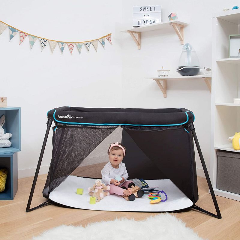 Babymoov Naos 2 in 1 Lightweight Portable Washable Memory Foam Travel Infant Crib & Playpen Playard, Carry Case Included, UV 50+ Ages 0-4, Black/Blue