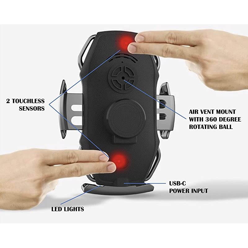 Car Charger Mount Auto Clamping with Smart IR Motion Senors, Electric Powered Automatic Clamping Car Air Vent Charging Phone Holder 10W Fast Charging for All Phones Models (Silver)