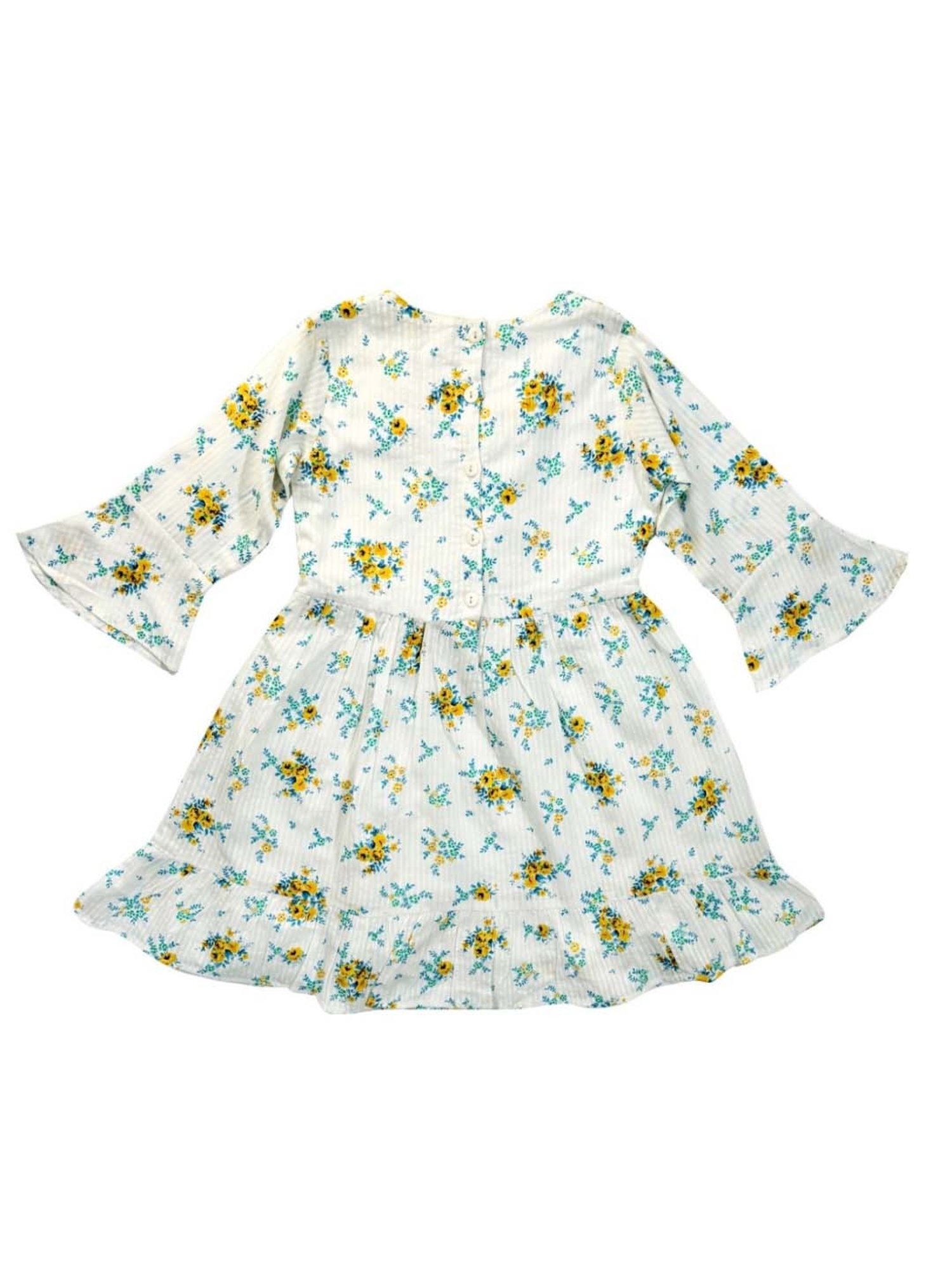 Bella Moda Kids White & Blue Cotton Floral Print Full Sleeves Dress