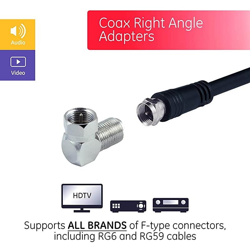 RightAngle FType Connector Adapter 25Pack for RG59 RG6 FType Coaxial Cables 90Degree MaletoFemale Connector ScrewOn Installation No Tools Required with Resealable Bag 51202