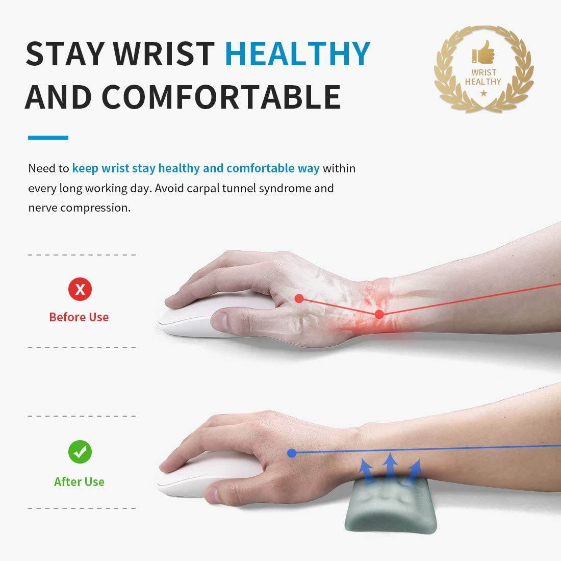 BUBM Mouse Wrist Rest Support Ungraded Ergonomic Cushion Pad Memory Foam Hand Pillow Mat Comfortable Arm Stand Pain Relief with Non Slip Base for Office,Home,Computer,Laptop,Desktop,Gaming(Gray)