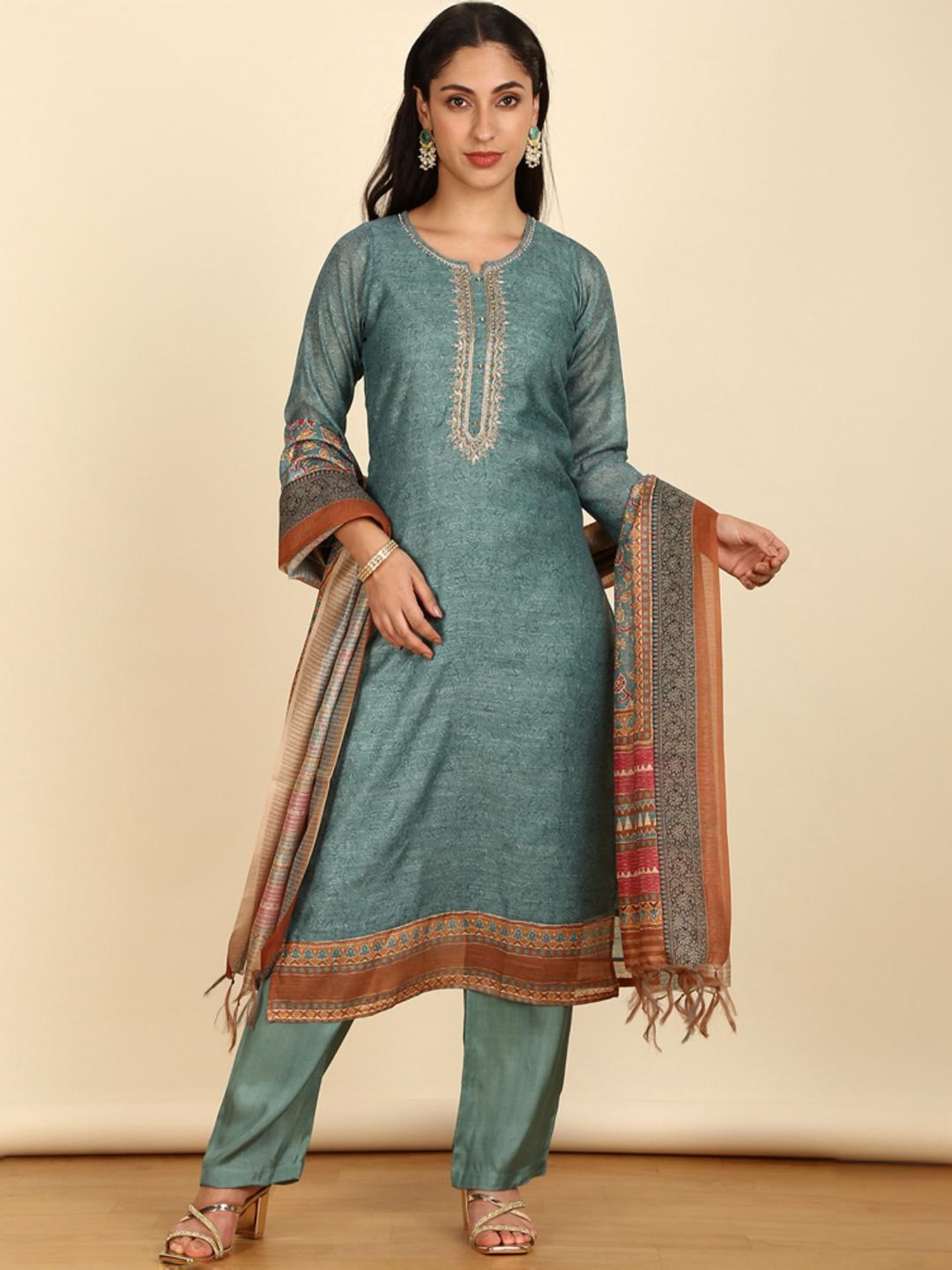 Soch Womens Turquoise Blue Floral Print Chanderi Unstitch Dress Material With Cutdana