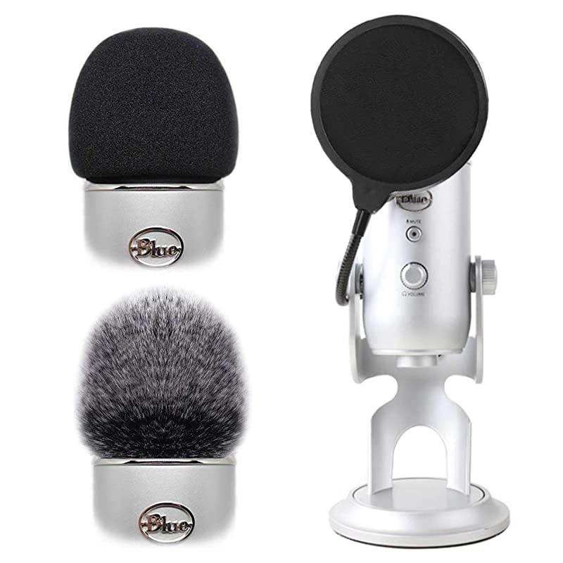 Professional Microphone Furry Windscreen Foam Wind Cover Muff + Pop Filter Shield Dual Layered Noise Reduction Compatible with Mic Blue Yeti Blue Yeti Pro