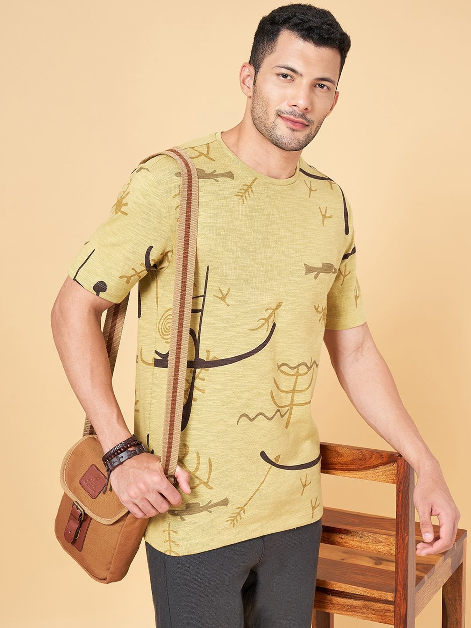 7 Alt By Pantaloons Olive Cotton Relaxed Fit Printed T-Shirt