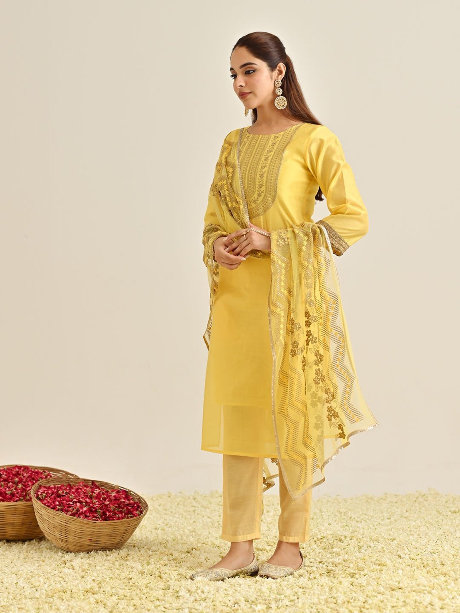 Rustorange Yellow Embroidered Kurta With Pant & Dupatta