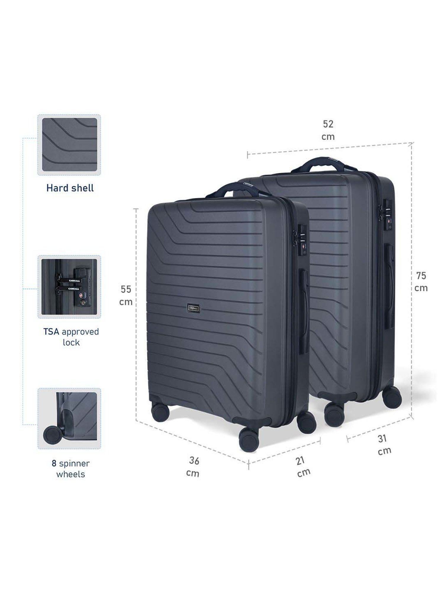 Carriall Groove Grey Striped Hard Trolley Bag Pack of 2 - 55cms & 75cms