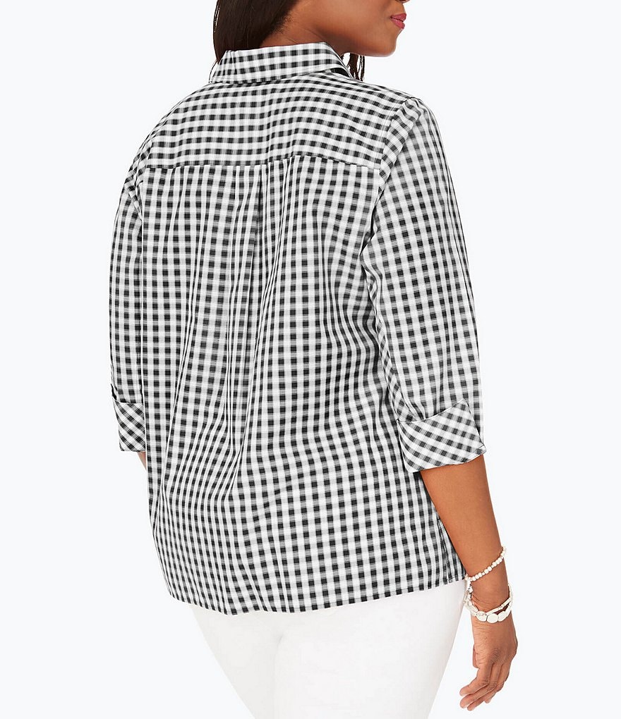 Foxcroft Plus Size Britten Gingham Cotton Poplin Point Collar Neck 3/4 Sleeve Button-Front Shaped Shirt