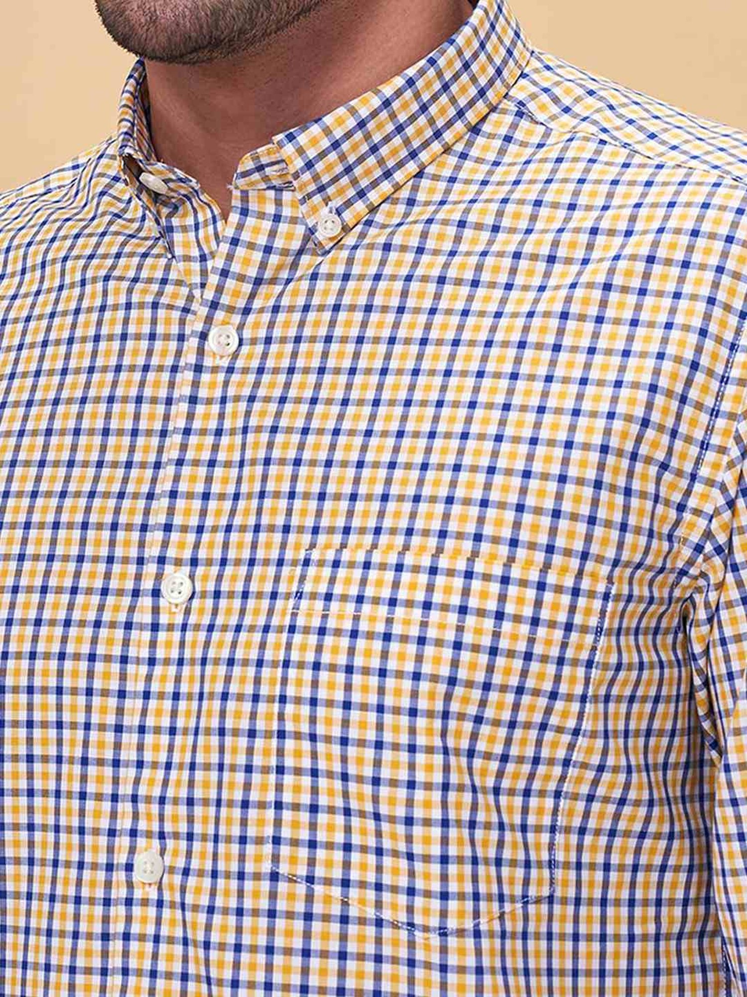 Peregrine by Pantaloons Yellow Cotton Slim Fit Checks Shirt