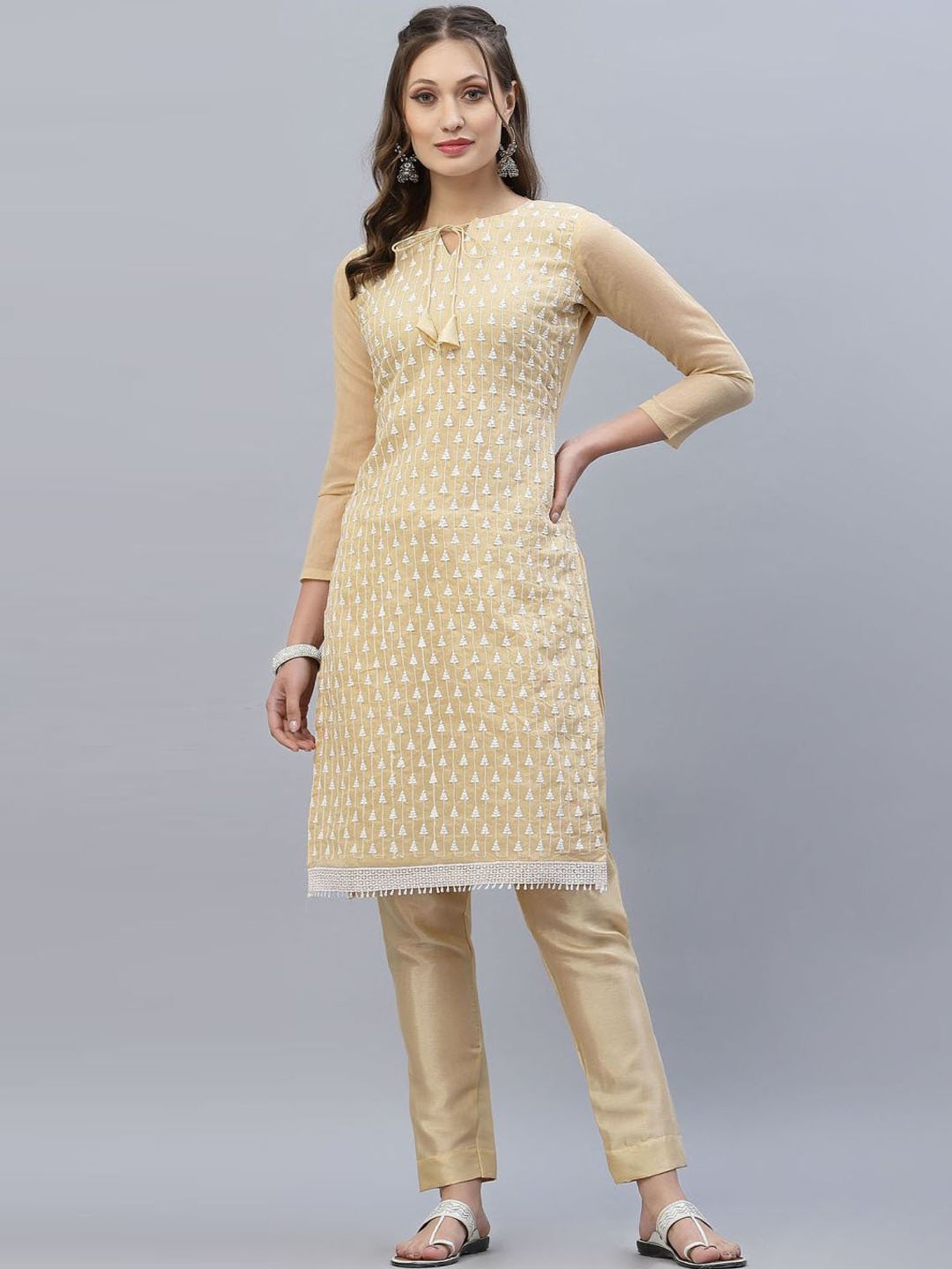 Satrani Beige Embroidered Unstitched Dress Material