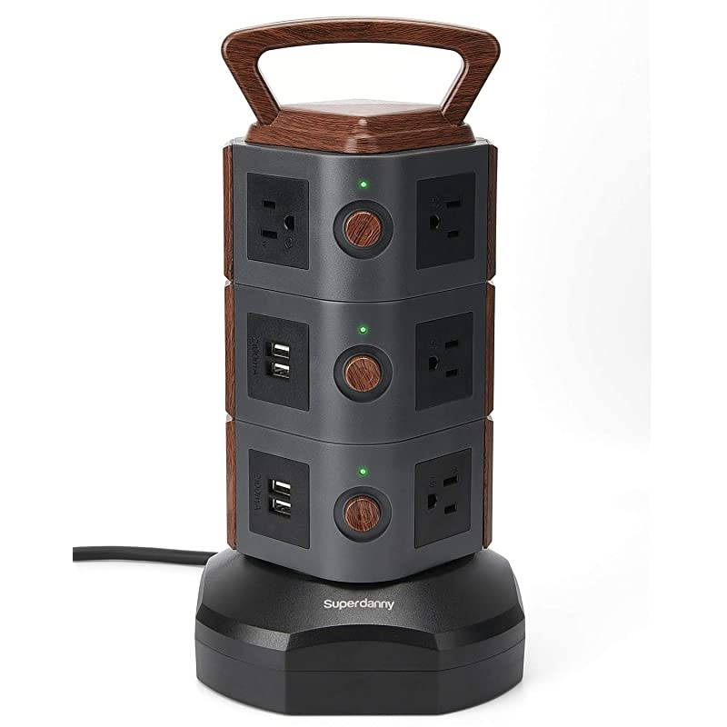 Power Strip Tower  Surge Protector Vertical Charging Station with 10 Outlets 4 USB Ports 65ft Retractable Extension Cord Desktop Plug Bar with Wood Grain for Home Office Dorm Room Hotel