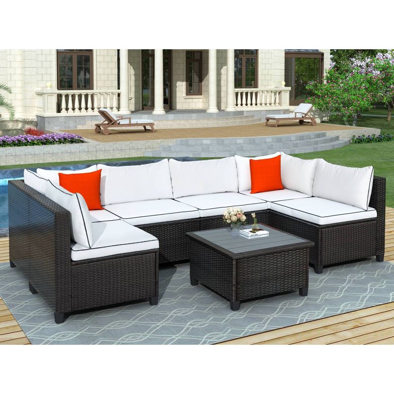 7pc Patio Rattan Wicker U-Shaped Sectional with Cushions & Pillows - Beige - Art Leon
