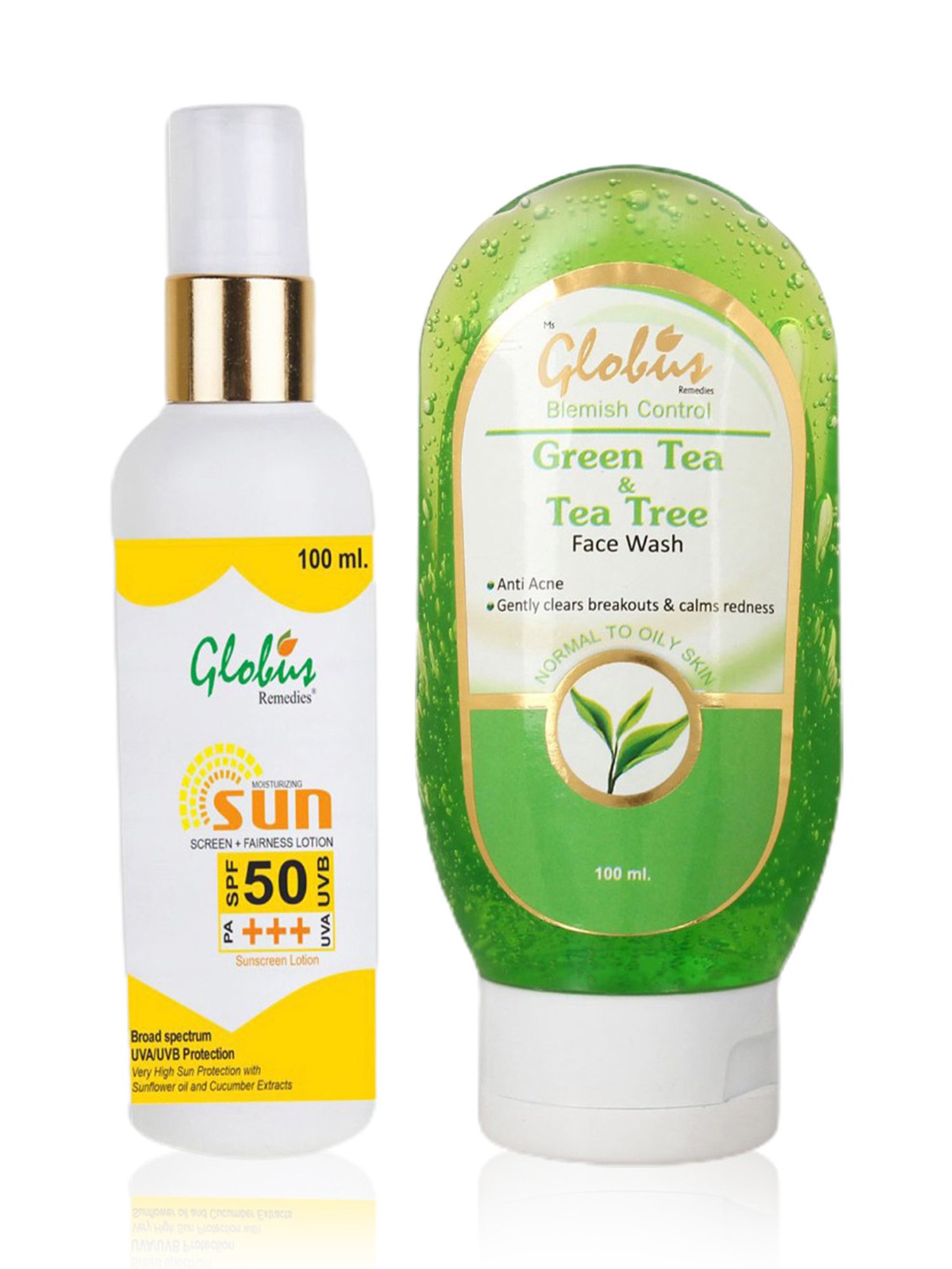 Globus Remedies Sunscreen Fairness Lotion SPF 50+++ & Green Tea & Tea Tree Face Wash Combo