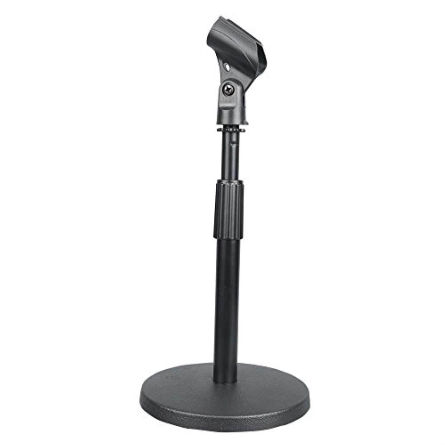 pyle compact tabletop microphone stand  mini desktop mount w/ height adjustment 9'' to 13'' high and universal m6 mic holder  solid round base for home or studio use w/ lock tight clamp pmksdt40