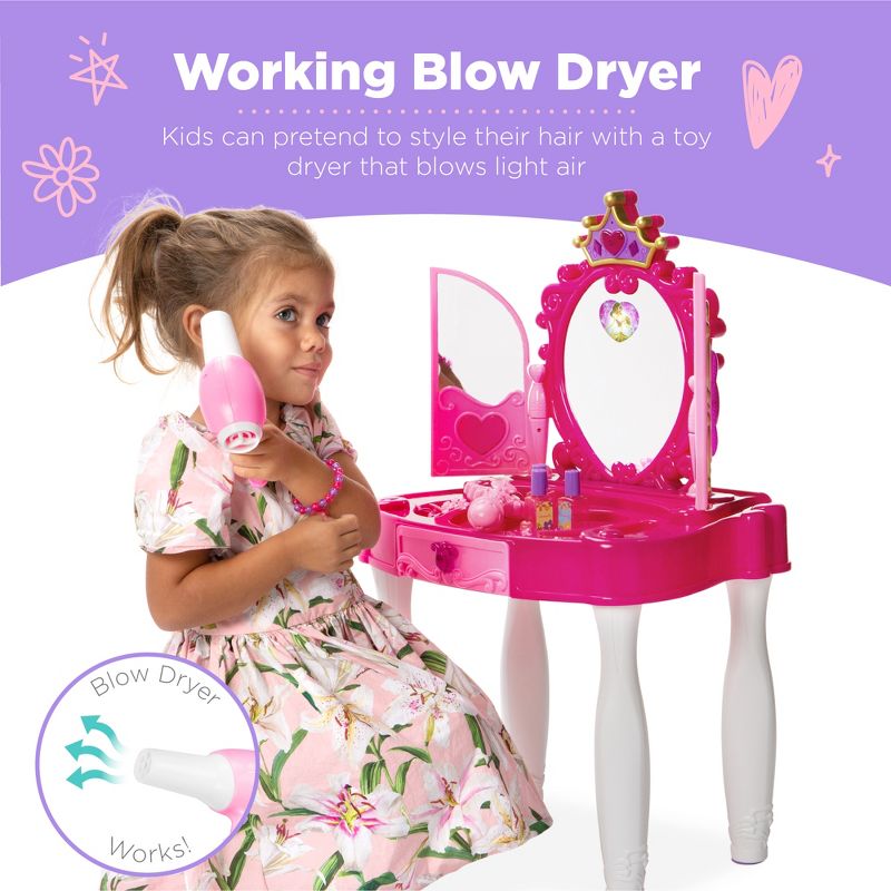 Best Choice Products Kids Vanity Mirror Set Girl Pretend Play Toy w/ Magic Wand Remote, Hairdryer, Stool & Accessories