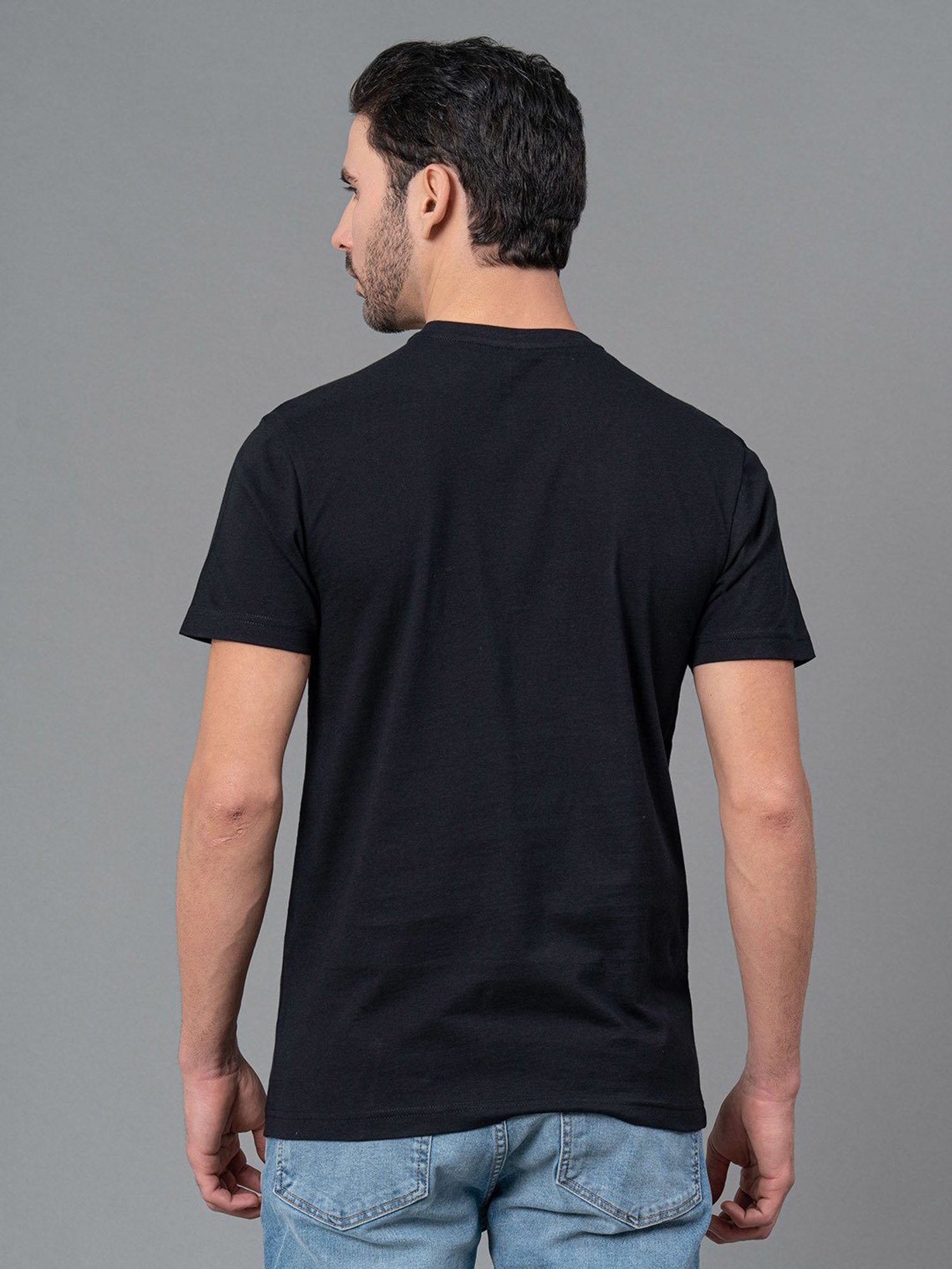 Red Tape Black Regular Fit Printed Cotton Crew T-Shirt