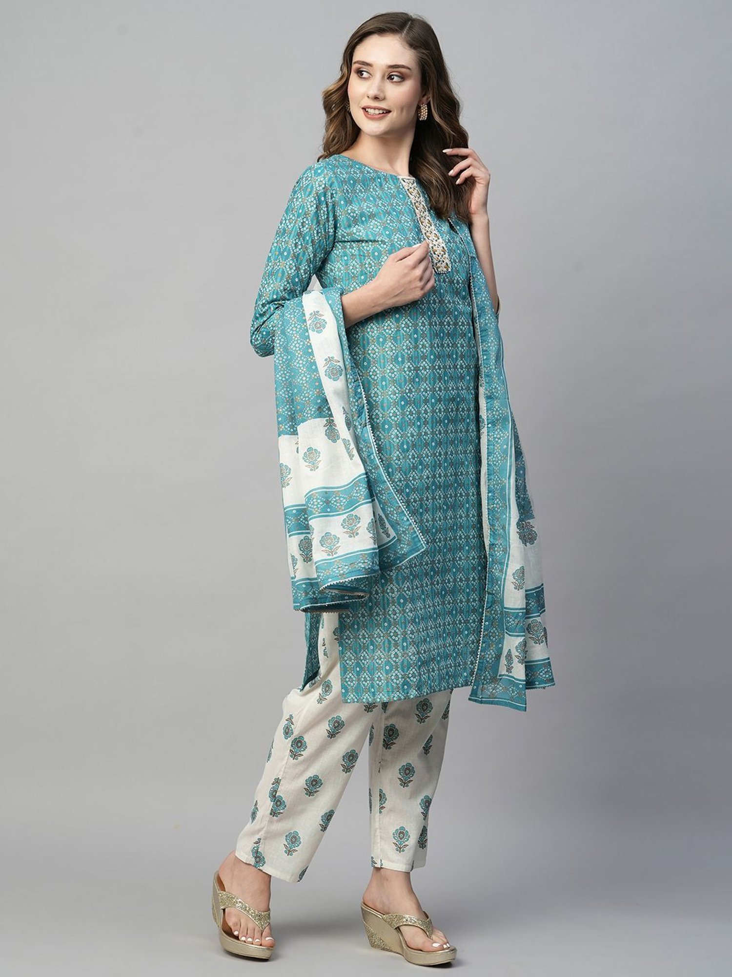 KIANA Blue & White Cotton Printed Kurta Pant Set With Dupatta