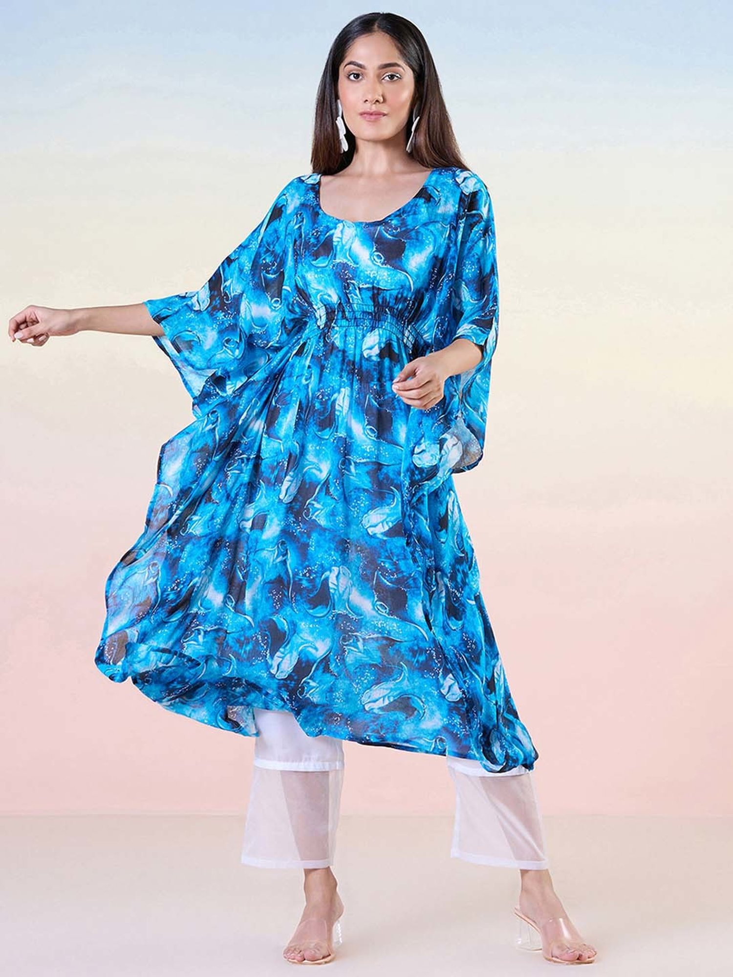 navyasa by liva Blue & White Kaftan & Pants Set