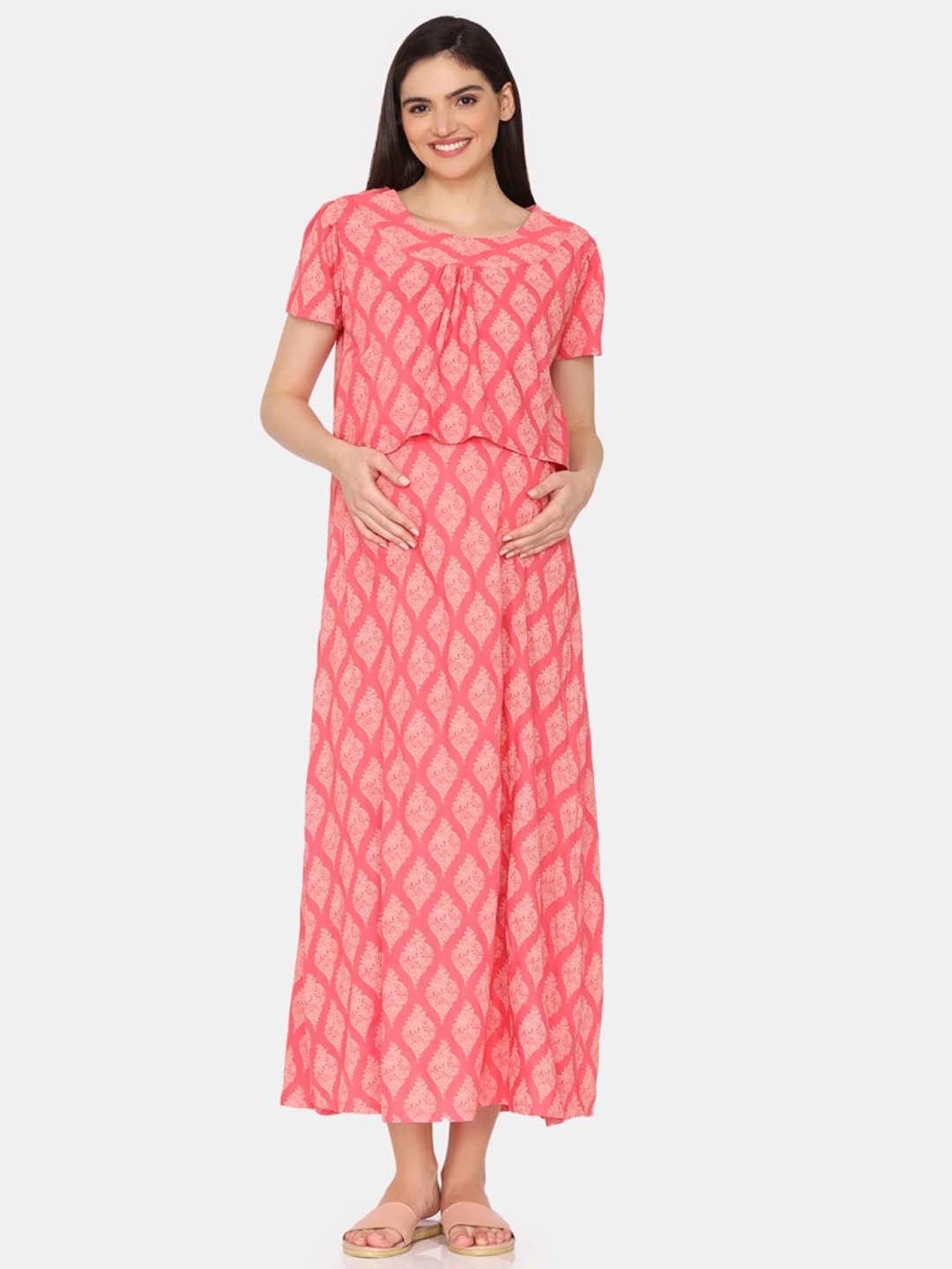 Coucou by Zivame Peach Printed Maternity Nighty