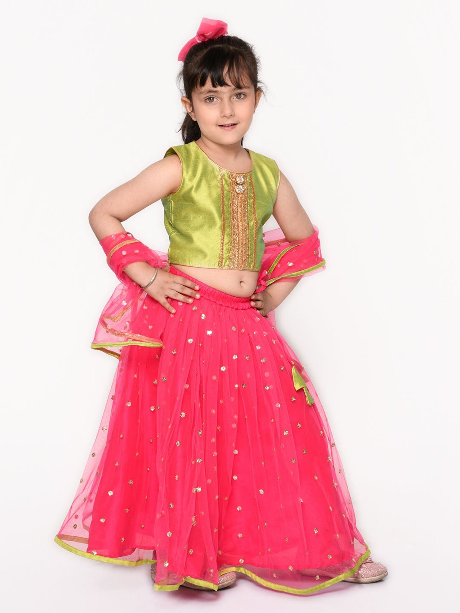 Saka Designs Kids Neon Green & Magenta Embellished Lehenga with Choli & Dupatta