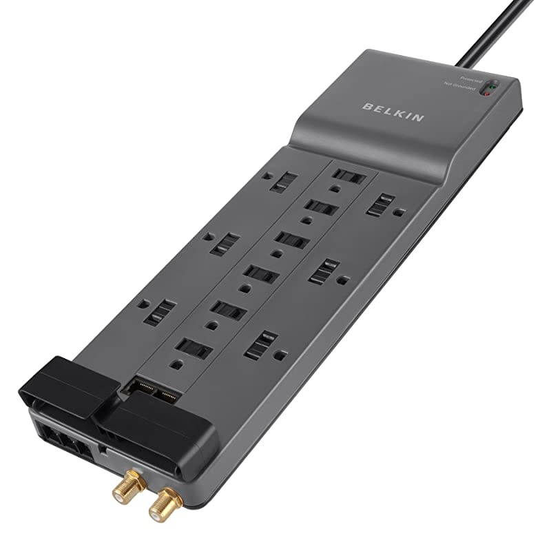 BE112234 10 12 Outlet Power Strip Surge Protector w Flat Plug 10ft Cord Ideal for Computers Home Theater Appliances Office Equipment 4156 Joules Gray
