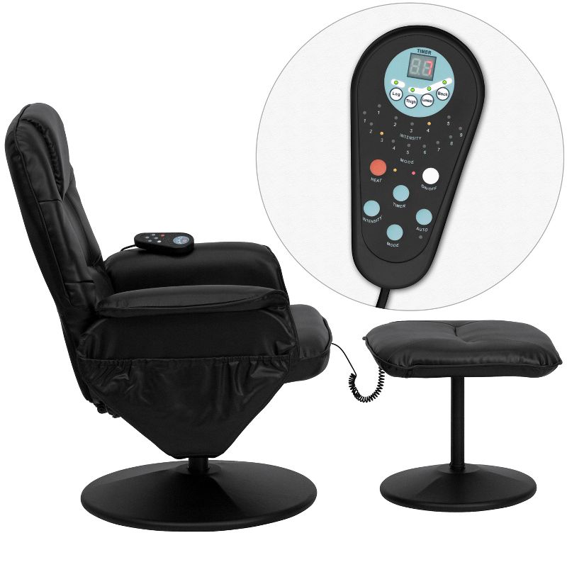 Flash Furniture Massaging Adjustable Recliner with Deep Side Pockets and Ottoman with Wrapped Base in Black LeatherSoft