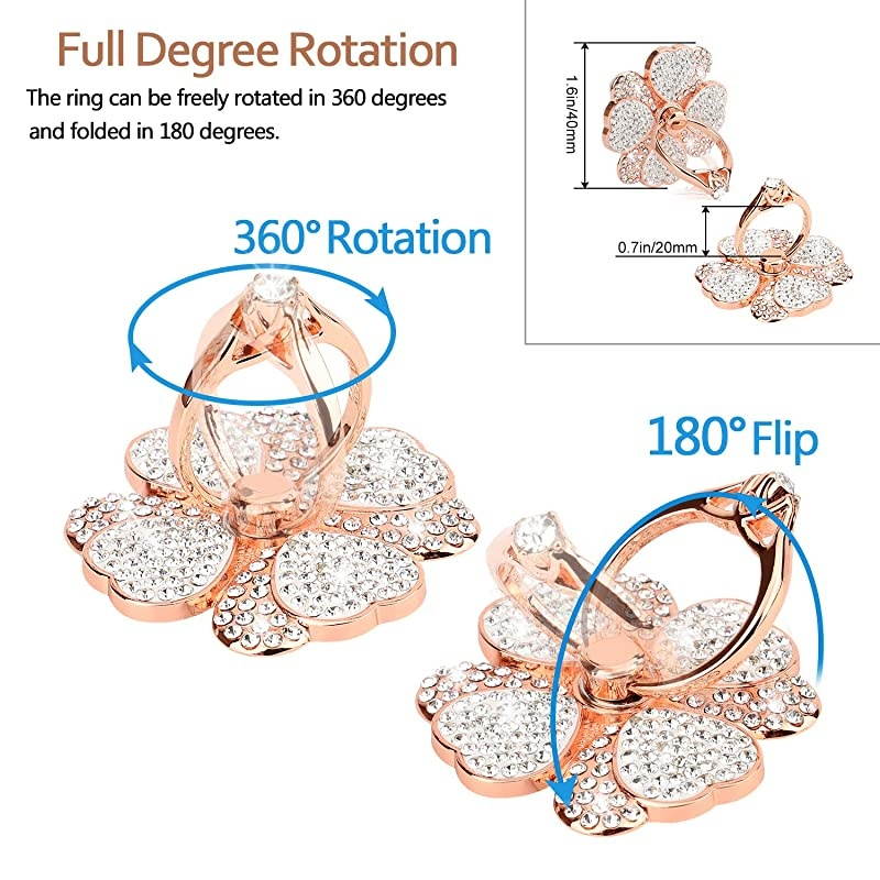 Phone Finger Ring Holder with Bling Crystals,  Heart Lucky Clover Phone Ring Kickstand [Washable] [Removable], 360&deg;Rotation Zinc Alloy Ring Grip Stand for Phones and Tablets (Rose Gold)