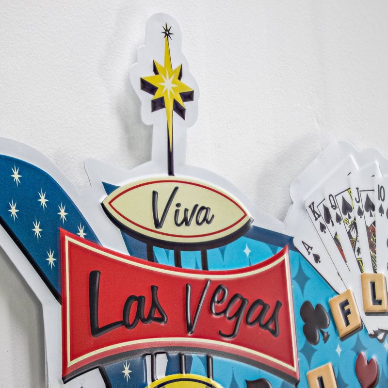 Viva Las Vegas Royal Flush Embossed Metal Sign Sky Blue/Red/Yellow - Crystal Art Gallery