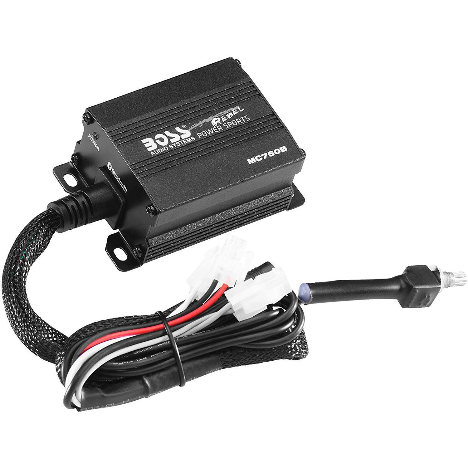 boss audio mc750b bluetooth, weatherproof speaker and amplifier sound system, two 4 inch speakers, bluetooth amplifier, inline volume control, ideal for motorcycles/atv and 12 volt applications