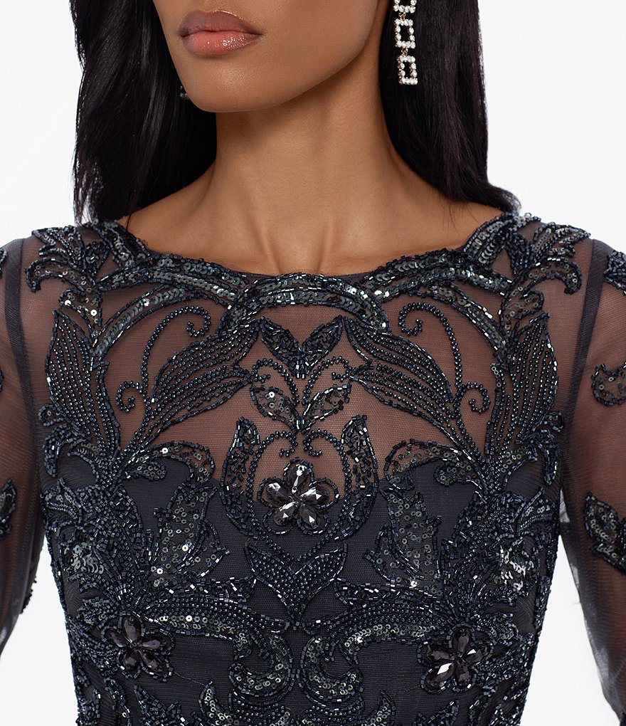 Xscape Jewel Neck Long Sleeve Beaded Bodice Chiffon Gown