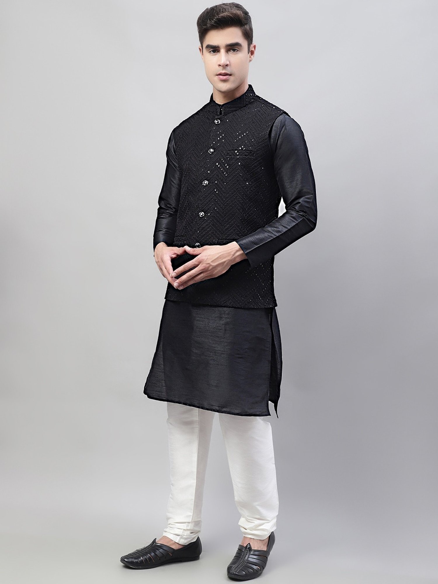 Jompers Black & White Regular Fit Embroidered Kurta Set With Jacket