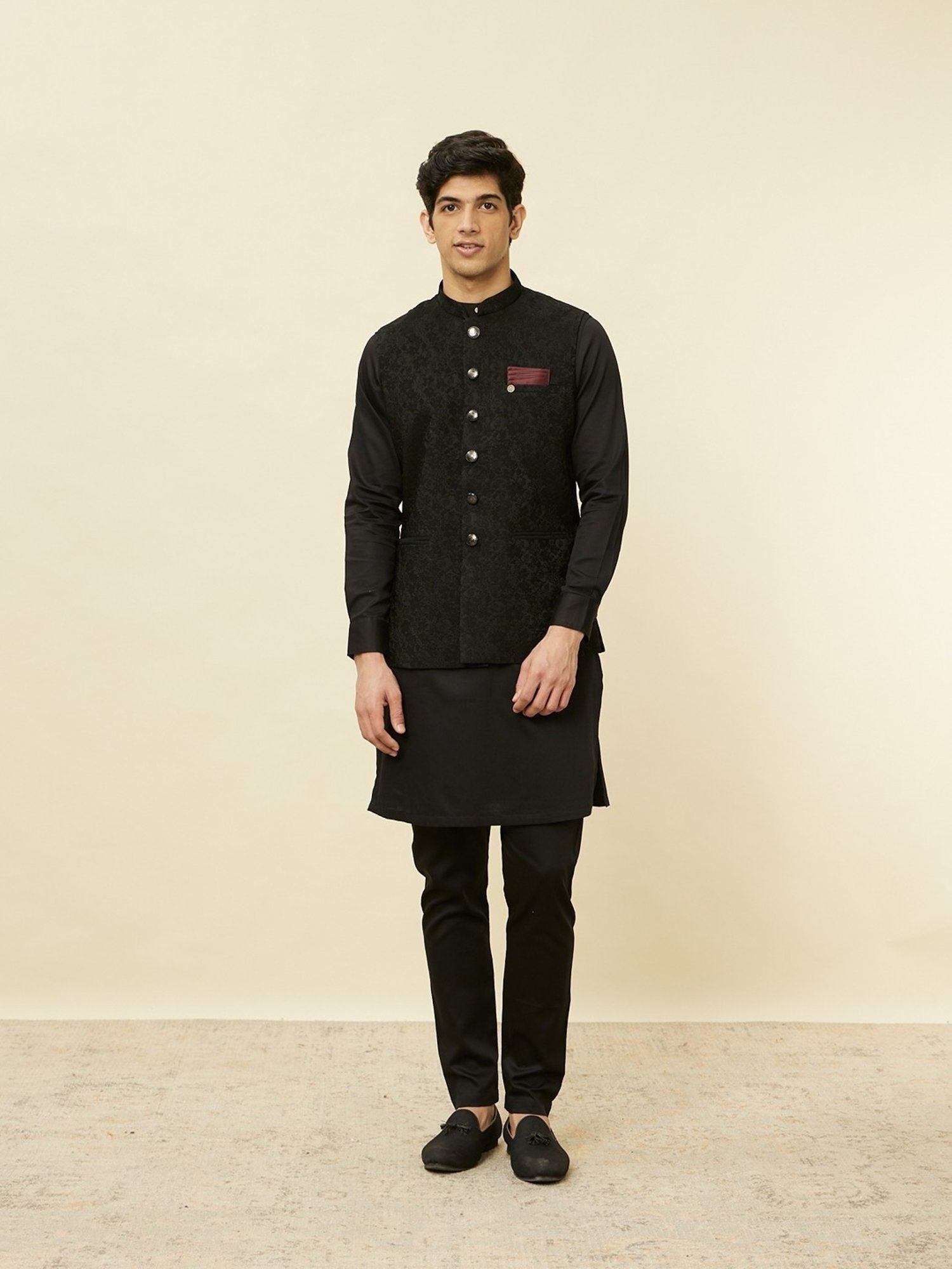 Manyavar Black Regular Fit Self Pattern Nehru Jacket