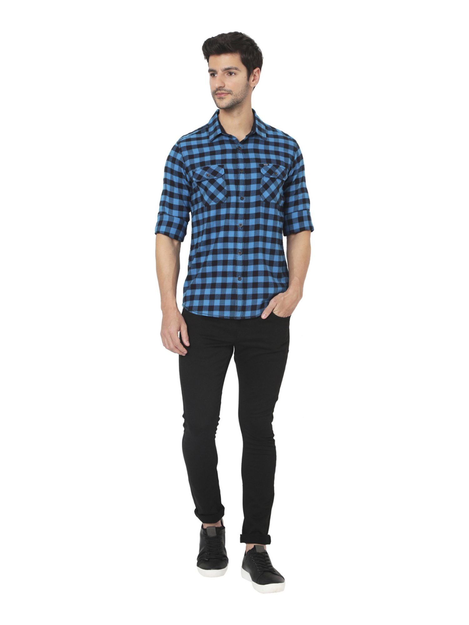 Mufti Blue & Black Cotton Slim Fit Checks Shirt