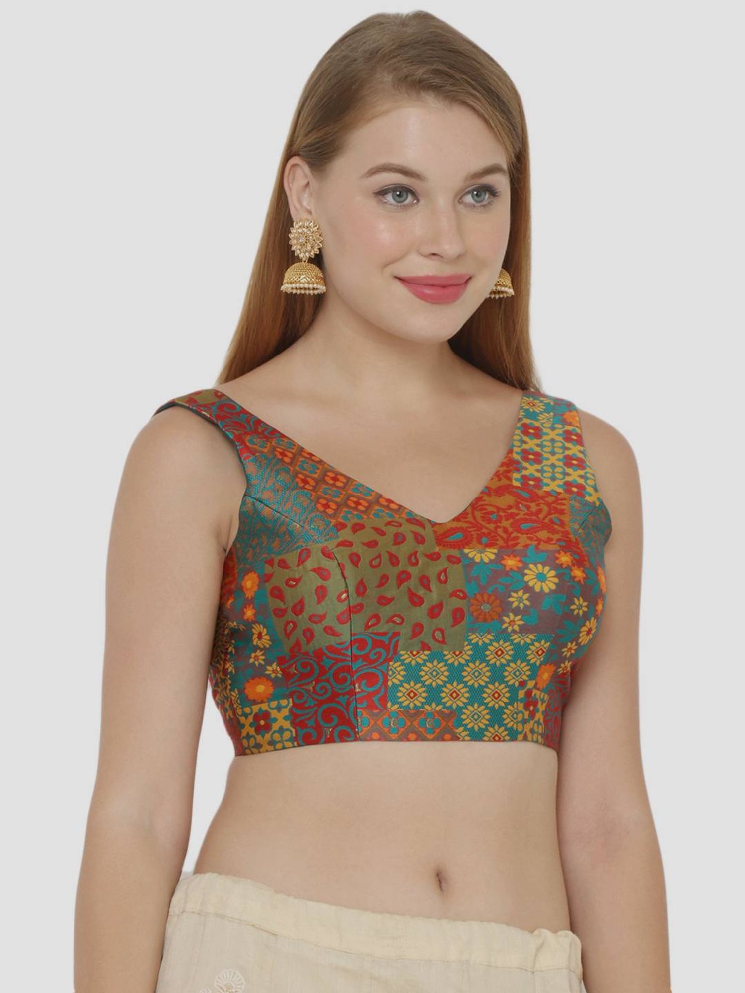 Salwar Studio Rama Green & Orange Printed Readymade Blouse