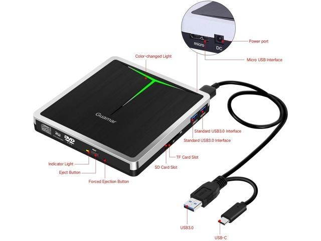 External CD DVD Drive Guamar 5 in 1 USB 3.0 USB C CD DVD Drive CD Player Burner Writer Optical Drive Compatible with Laptop/MacBook/Windows/PC Supports SD Card/TF Card/2 USB 3.0 Transfers (Silver)