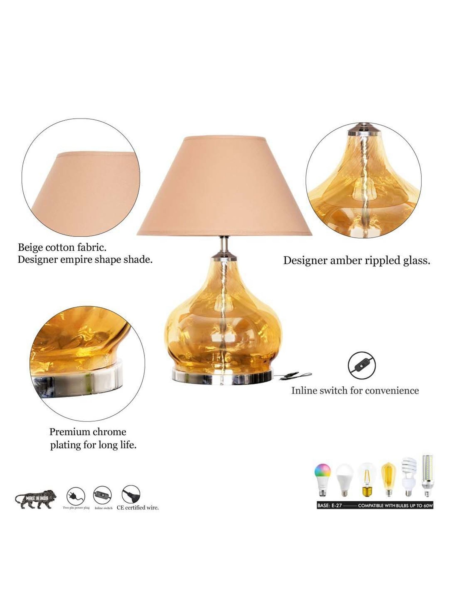 Kapoor Lamp Shades Amber & Nickel Glass Ingram Table Lamp With Cotton Shade