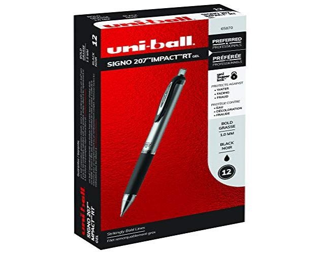 uniball 207 impact retractable gel pens, bold point 1.0mm, black, 12 count