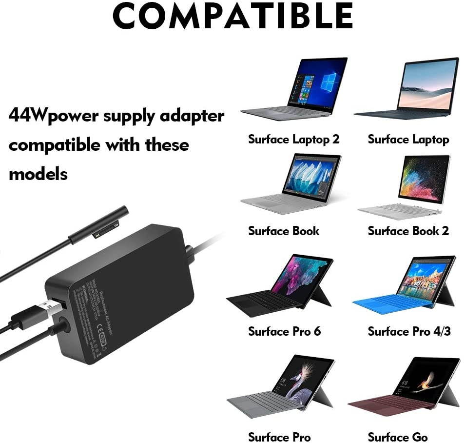 Surface Pro Charger 44W, Microsoft Surface Power Adapter Charger for Surface Pro X/7/6/5/4, Surface Go 2/1, Microsoft Surface Book, Laptop & Tablet, Replacement AC Adapter 15V-2.58A with USB Port