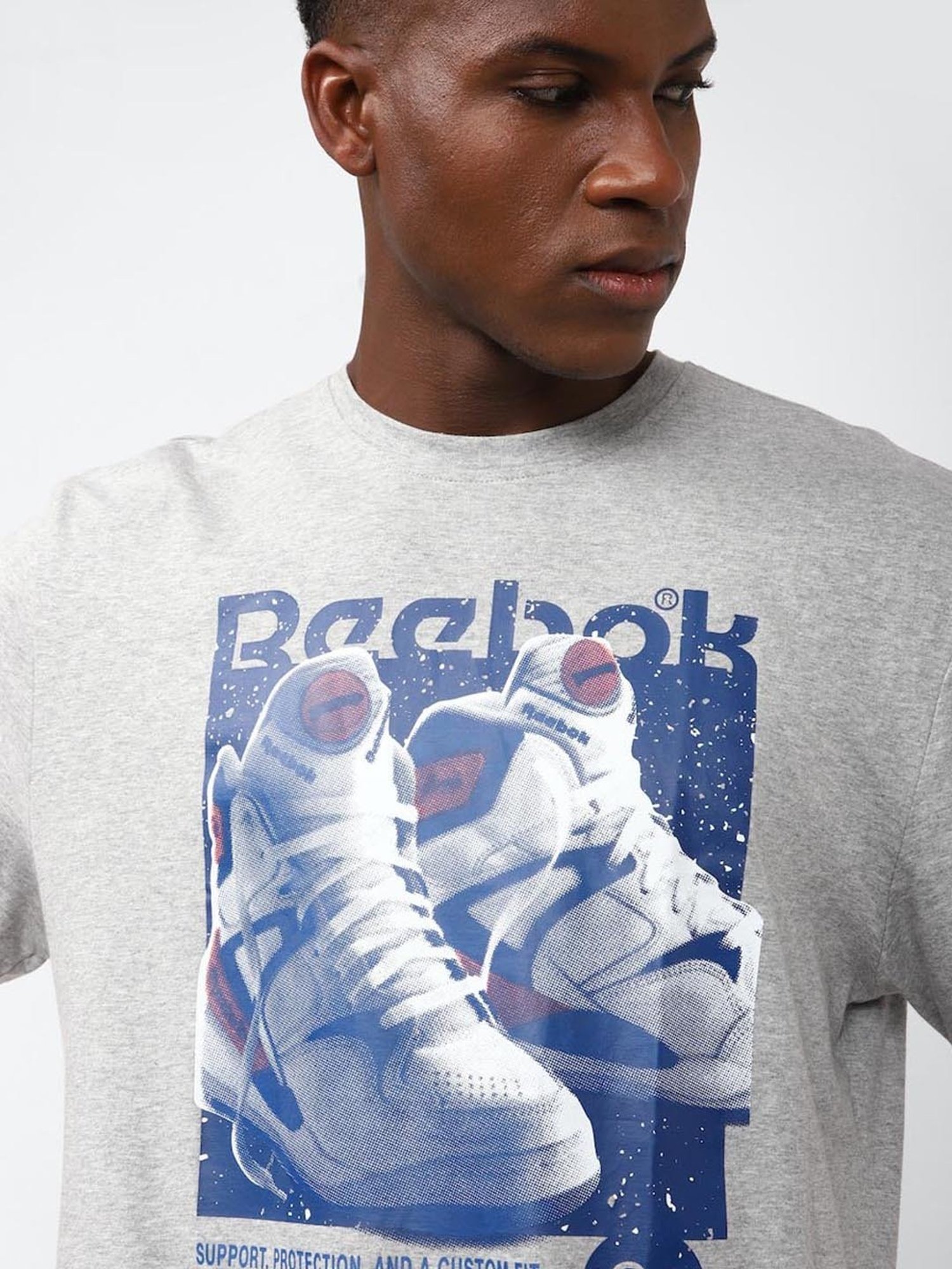 Reebok Grey Cotton Regular Fit Printed T-Shirt