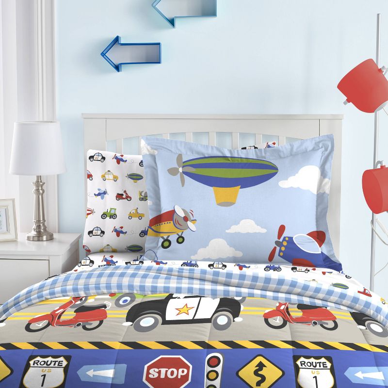 Dream Factory Trains and Trucks Mini Bed in a Bag - Blue (Twin)