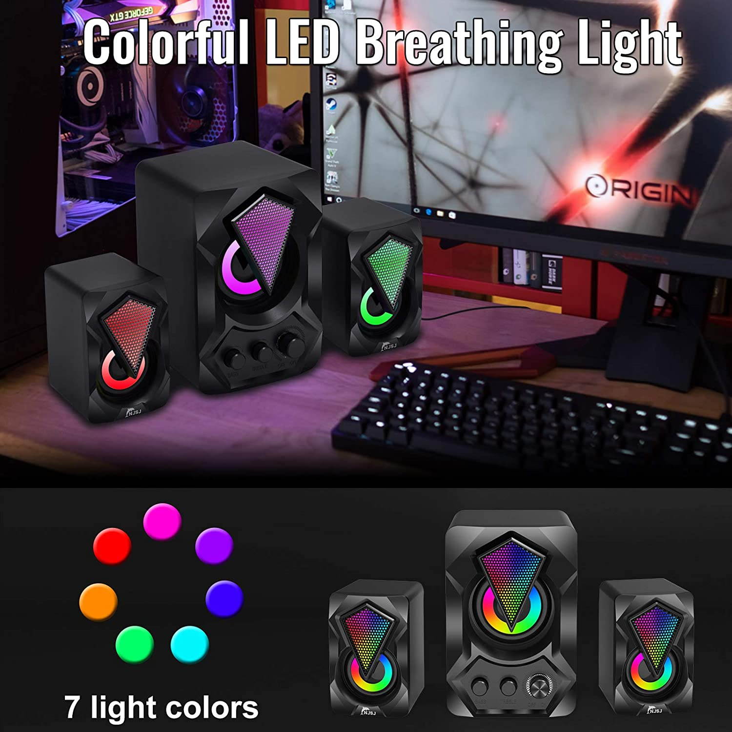 Computer Speaker with Subwoofer, NJSJ USB-Powered 2.1 Stereo Multimedia Speakers System with RGB LED Light 3.5mm Audio Input Great for Music,Movies,Gaming,PC,Laptop,Tablet,Desktop